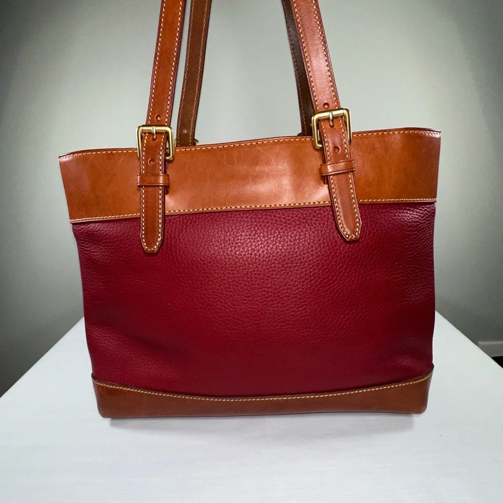 Dooney & Bourke Everyday Tote Burgundy Pebble Leather Tan Natural Patina Trim